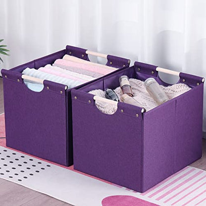 HOONEX Large Collapsible Storage Bins, Linen Fabric, Pack of 2, Storage Baskets with Wooden Carry Handles and Sturdy Heavy Cardboard, for Home, Office, Car, Nursery, Dark Purple - color: Dark Purple