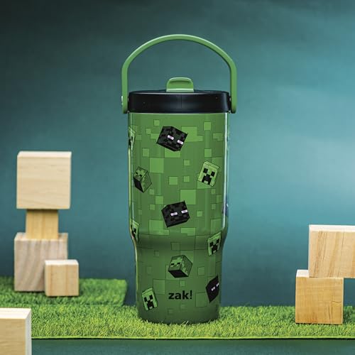 Zak Designs Minecraft Siply 20oz Leak-Proof Flip-Up Straw Insulated Tumbler | BPA Free, Stainless Steel, Handle, Cupholder Friendly, Dishwasher Safe, Kids Water Bottle, Reuseable For School, Home, Travel - color: Minecraft