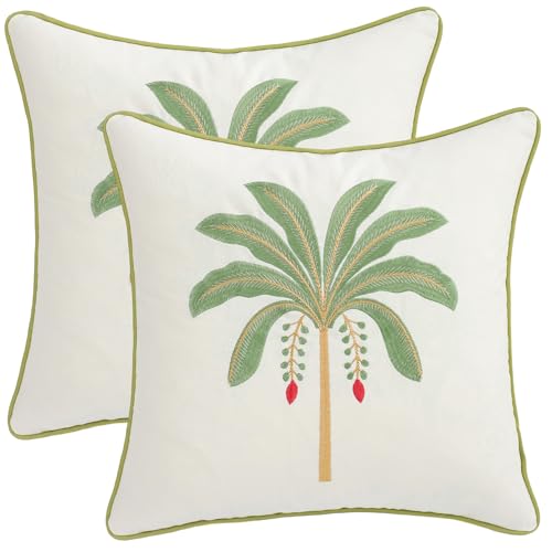 Embroidered Throw Pillow Covers 18x18 Pack of 2 Sage Green Palm Tree | Ocean-Themed,Durable Fabric,Square Pillow Cover,Boho Decorative,Hidden Zipper,Aesthetic Design,Ideal Gift,Machine Washable - color: Sage Green Palm Tree