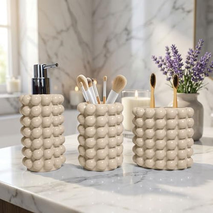 Better Trends Bathroom Accessories Set 3 Pieces Resin Bubble Textured Soap Dispenser, Toothbrush Holder & Tumbler for Vanity, Kitchen Sink & Countertop Organization Sand Nova Collection - color: Sand