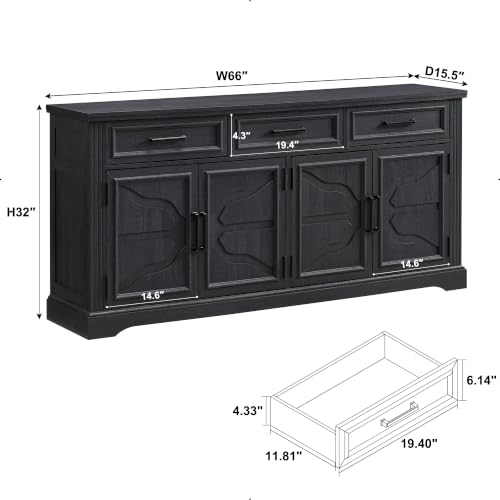 66" Farmhouse Buffet Cabinet with Storage, Sideboard Credenza, Carved Cloud-Inspired Doors, 3 Drawers & Adjustable Shelves, Coffee Bar Cabinet, Black - color: Black