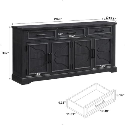 66" Farmhouse Buffet Cabinet with Storage, Sideboard Credenza, Carved Cloud-Inspired Doors, 3 Drawers & Adjustable Shelves, Coffee Bar Cabinet, Black - color: Black