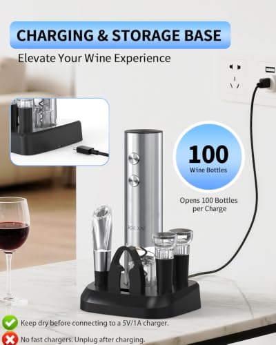 CIRCLE JOY Electric Wine Opener Stainless Steel Rechargeable Automatic Wine Bottle Opener Set 7-in-1 Wine Gifts for Wine Lovers with Charging Base, Foil Cutter, Wine Aerator Pourer & 2 Vacuum Stoppers - color: 7-in-1 Silver