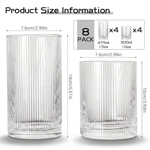 JOVGANK Drinking Glasses Set of 8 – Lead-Free Crystal Glassware, 4 Tall 15oz & 4 Short 10oz Vintage Ribbed Tumbler Glasses, Dishwasher Safe, for Juice Beer Cocktails, Great Housewarming Gift, Set A - style: H