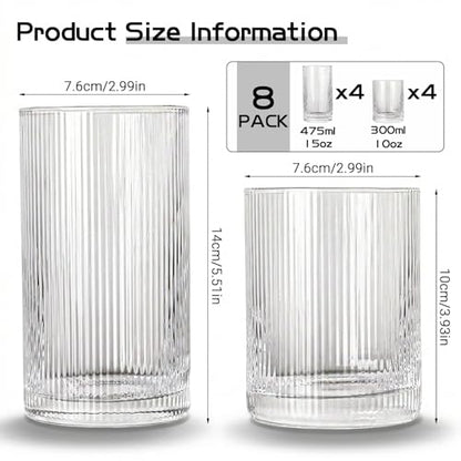 JOVGANK Drinking Glasses Set of 8 – Lead-Free Crystal Glassware, 4 Tall 15oz & 4 Short 10oz Vintage Ribbed Tumbler Glasses, Dishwasher Safe, for Juice Beer Cocktails, Great Housewarming Gift, Set A - style: H