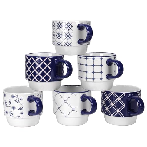 Schliersee 12 OZ Stackable Ceramic Coffee Mugs set of 6, Geometric Floral Pattern Small Mug, Blue White Porcelain Coffee Mug, Stacking Coffee Mugs, Tea Mug, Water Cup, Dishwasher Safe, Microwave Safe - color: Blue Coffee Mugs, size: 12 OZ