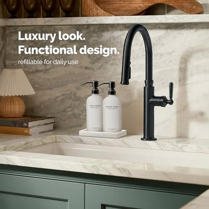 Vine Creations Glass Soap Dispenser Set, Kitchen Soap Dispenser Set with Ceramic Tray, 16 oz Dish Soap and Hand Soap Dispenser Set with Stainless Steel Pump Decor (White Bottle/Matte Black) - color: White Bottle / Matte Black Pump