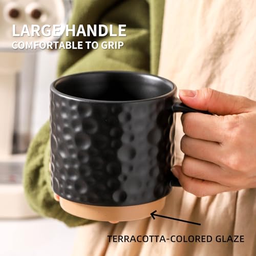 Nihow 16 Oz Ceramic Coffee Mug Set of 4 with Stackable Stand,Matte Black | Stackable, Stainless Stand Included, Cappuccino & Tea, Hot/Cold Drinks, Dishwasher & Microwave Safe - color: Matte Black, size: 16 oz With Stand