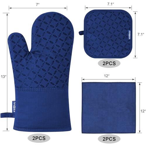 KEGOUU Oven Mitts and Pot Holders 6pcs Set, Kitchen Oven Glove High Heat Resistant 500 Degree Extra Long Oven Mitts and Potholder with Non-Slip Silicone Surface for Cooking(Marine Blue) - color: Marine Blue
