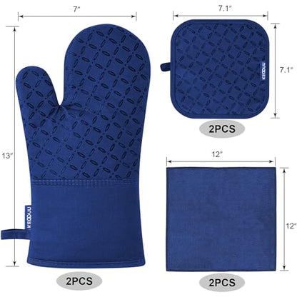 KEGOUU Oven Mitts and Pot Holders 6pcs Set, Kitchen Oven Glove High Heat Resistant 500 Degree Extra Long Oven Mitts and Potholder with Non-Slip Silicone Surface for Cooking(Marine Blue) - color: Marine Blue