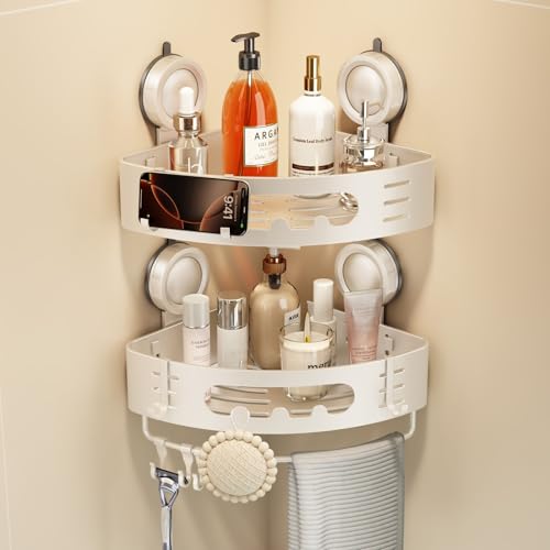 Voldra Corner Shower Caddy Suction Cup, Aluminum Corner Shower Shelves for Wall No Drilling, Large Suction Cup Shower Organizer with Towel Bar & Hooks Removable Bathroom Storage(2 Pack-Cream White) - color: Cream White-Corners, size: 2 Pack
