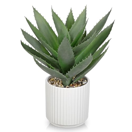 Hollyone Large Artificial Agave Plants 11.8“ Fake Succulents Potted Faux Aloe Vera Plant in White Pot Succulent Agave Plants for Desk Modern Office Living Room Table Shelf Home Indoor Outdoor Decor - color: Light Green