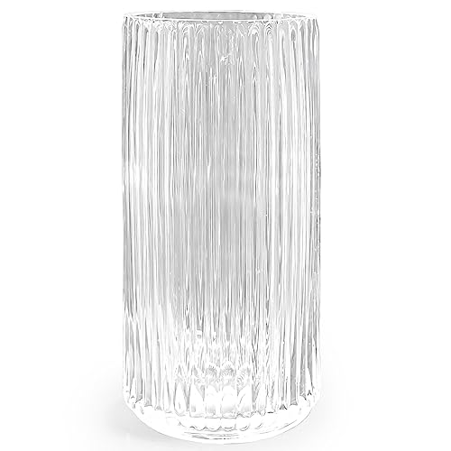 Muyan 9.8" Flower Vase for Decor Ribbed Glass Vase Modern for Centerpieces Desktop Home Office Dining Living Room Wedding (Clear) - color: Clear, size: 10 Inch