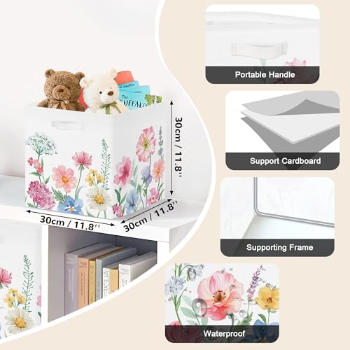 Clastyle 11.8" Flower Storage Basket Set of 3 for Kid Women Toy Clothes Bin | Collapsible Fabric Book Bin, Metal Frame Bottom Board, Cube Organizer, Closet Nursery Pantry Shelf Bedroom, Watercolour - color: Watercolour