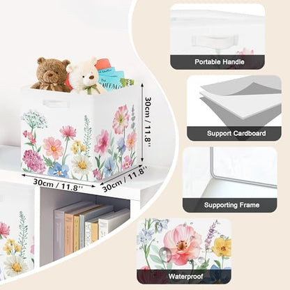 Clastyle 11.8" Flower Storage Basket Set of 3 for Kid Women Toy Clothes Bin | Collapsible Fabric Book Bin, Metal Frame Bottom Board, Cube Organizer, Closet Nursery Pantry Shelf Bedroom, Watercolour - color: Watercolour
