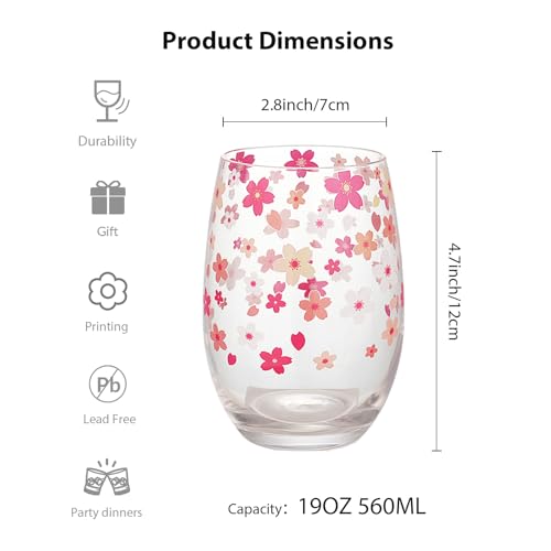 Hand Blown Etched Stemless Wine Glasses 19oz, Set of 4, Everyday Drinking Glasses, Large capacity, Unique Gifts for Him Her for Birthday, Wedding, Anniversary (Clear With Cherry Blossoms) - color: Clear With Cherry Blossoms