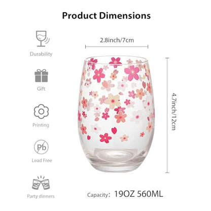 Hand Blown Etched Stemless Wine Glasses 19oz, Set of 4, Everyday Drinking Glasses, Large capacity, Unique Gifts for Him Her for Birthday, Wedding, Anniversary (Clear With Cherry Blossoms) - color: Clear With Cherry Blossoms