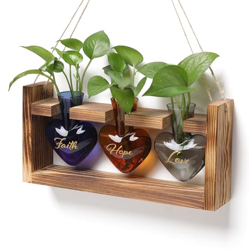 Plant Terrarium Propagation Stations Hydroponics | Home Garden Decoration Gift for Women with Wooden Stand Heart Shaped Colored Glass Vase - color: Color 3(Faith Hope Love)