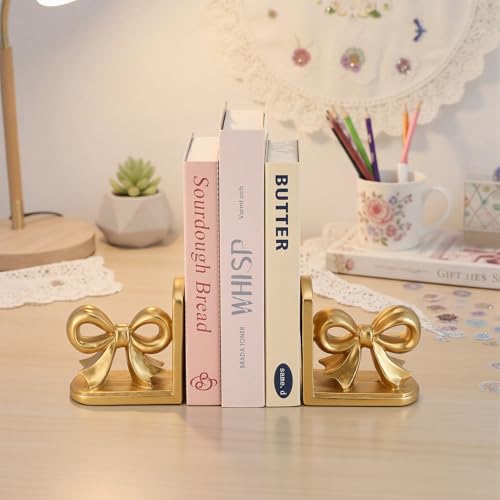 SiliFine 2 Pcs Gold Bow Bookends Cute Resin Bookends Heavy Duty Decorative Book Stand Decor Sculpture Statues Tabletop Shelf Ornament for Desk Home Office Decoration Teacher Back to School Gifts