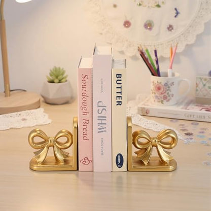 SiliFine 2 Pcs Gold Bow Bookends Cute Resin Bookends Heavy Duty Decorative Book Stand Decor Sculpture Statues Tabletop Shelf Ornament for Desk Home Office Decoration Teacher Back to School Gifts