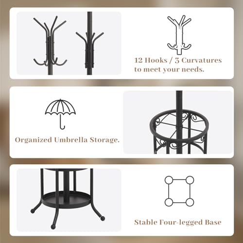 Coat Rack Freestanding with Umbrella Holder – Metal Hanger Stand, Hall Tree with 12 Hooks, Entryway Organizer for Hats, Bags, and Clothes (Black) - color: Black