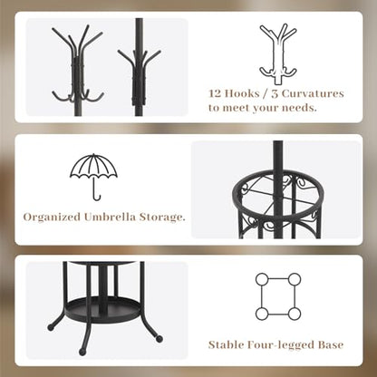 Coat Rack Freestanding with Umbrella Holder – Metal Hanger Stand, Hall Tree with 12 Hooks, Entryway Organizer for Hats, Bags, and Clothes (Black) - color: Black