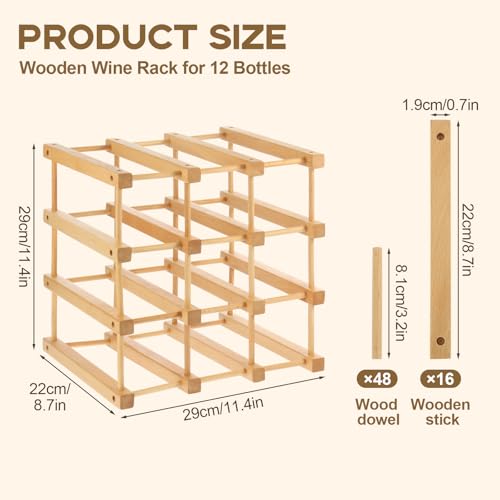 Wooden Wine Rack, 12-Bottle Stackable Wooden Wine Rack, Stackable Modular Wine Storage Racks, DIY Assembly Wine Bottle Holder for Inside Cabinet and Countertop (Beech Wood)