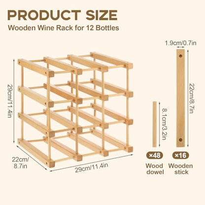 Wooden Wine Rack, 12-Bottle Stackable Wooden Wine Rack, Stackable Modular Wine Storage Racks, DIY Assembly Wine Bottle Holder for Inside Cabinet and Countertop (Beech Wood)