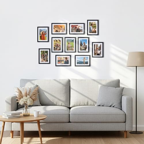 CRUGLA 5x7 Picture Frames Set of 11, Display Pictures 4x6 with Mat or 5 by 7 without Mat, Wall or Tabletop Display, Black - size: 5x7 Inch