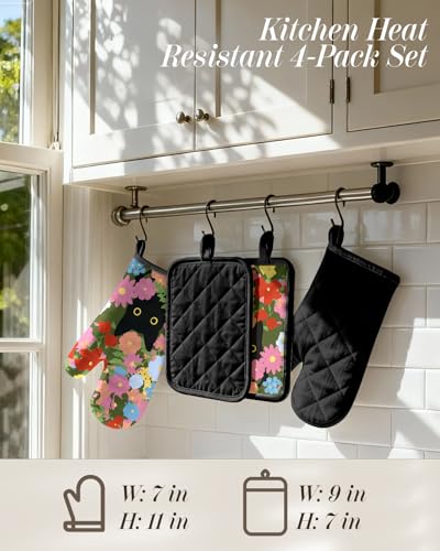 Miss Adola Cotton Oven Mitts and Pot Holders Sets, Floral Feline | Heat-resistant up to 350°F, Pure Cotton, Quilted Contact Surface, Stylish Design, with Hanging Loop, Ready to Gift Package - color: Floral Feline
