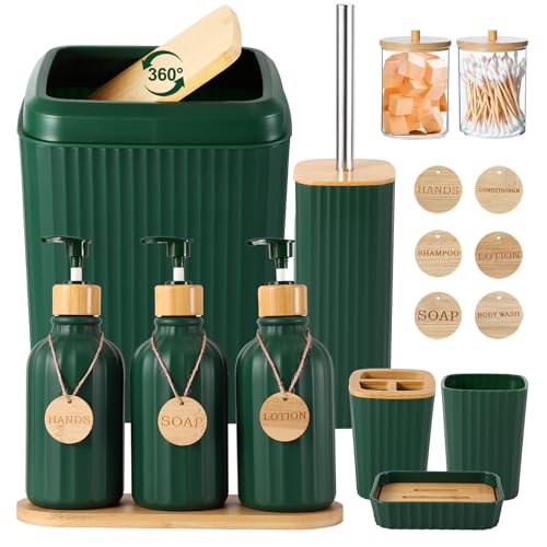 XLHOMO Bathroom Set 17PCS Bathroom Accessories with Trash Can 3PCS Lotion Soap Dispenser,Bathroom Accessories Set Green Bathroom Sets for Bathroom Decor - size: Bath Set, style: Dark Green