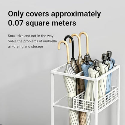 Freestanding Umbrella Stand Rack for Entryway, Metal Umbrella Holder with Removable Drip Tray and Storage Basket, Large Capacity Organizer for Long and Folding Umbrellas Indoor Office Home (Black)
