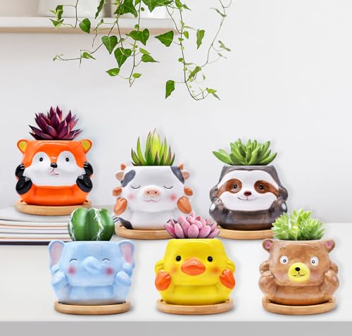 Photken 6 Pack Ceramic Succulent Pots with Drainage – Small Animal Planters with Bamboo Trays for Cactus & Indoor Plants, Mini Flower Pots for Desk, Home Decor, Office, Garden, Gift for Plant Lovers - style: Animals