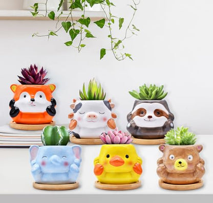 Photken 6 Pack Ceramic Succulent Pots with Drainage – Small Animal Planters with Bamboo Trays for Cactus & Indoor Plants, Mini Flower Pots for Desk, Home Decor, Office, Garden, Gift for Plant Lovers - style: Animals