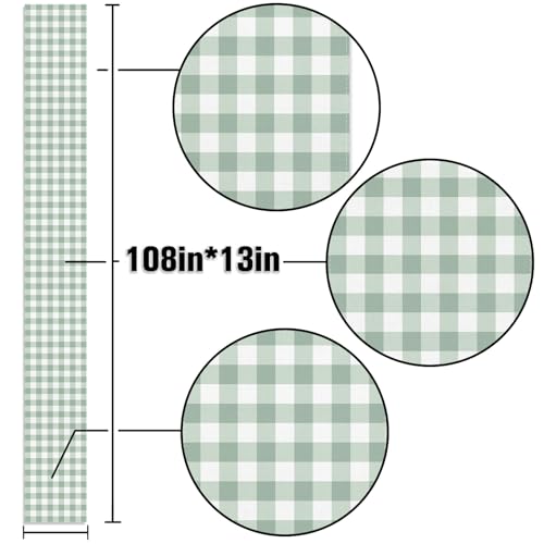 Sage Green Gingham Party Table Runner Green and White Checkered Plaid Decorations for Birthday Bridal Baby Shower Home Dining Kitchen Island Decor (13" x 108") - size: 13" x 108"