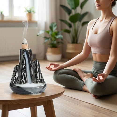 Handmade Ceramic Backflow Incense Holder - Waterfall Incense Burner Ornament, Mountain Design Aromatherapy Fountain for Home Decor, Yoga, Meditation & Office, Unique Zen Gifts (Black)
