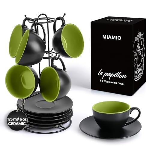MIAMIO - Set of 6, Ceramic Stackable Cappuccino Cups Set / 6 Ounce Cappuccino Mugs and Saucer with Metal Stand for Coffee Drinks, Cafe, Latte, Americano and Tea - Le Papillon Collection (Green) | Ceramic Cappuccino Cup Set of 6, Cappuccino Mugs & Saucer w