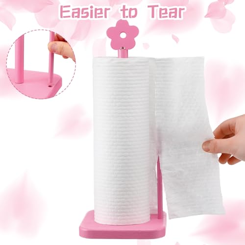 Leinuosen Pink Flower Paper Towel Holder Coquettish Cute Flower Wooden Paper Towel Holder Pink Bathroom Countertop Accessories Kitchen Roll Stand Organizer Standing Apartment Decor Housewarming Gift - style: Flower