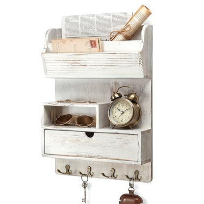 Rebee Vision Pine Wood Key Holder Wall Mount with Shelf & Drawer, Whitewash | Farmhouse Mail and Key Organizer, 4 Key Hooks, Stores Letters and Small Items, Adds Retro Charm, Apartment Entryways - color: Whitewash