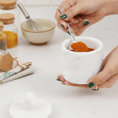 Marble Salt Cellar with Lid 4" Inch White Handmade Salt Jar & Table Salt Storage For Kitchen Countertop, Ideal Salt Container, Salt Dish & Sugar Bowl For Table - color: White