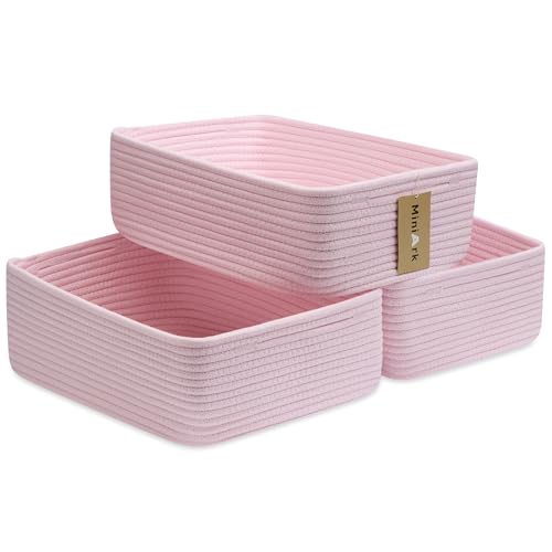 MiniArk Large Shallow Organizing Baskets 15x11x5.1 Inches - Rope Woven Storage Bins for Bathroom, Shelves, Cube Closet, Light Pink 3 Packs - color: Light Pink, size: 3pcs-L15×W11×H5.1"