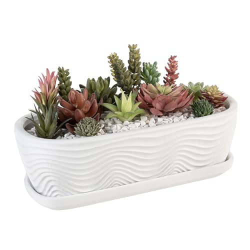 MyGift 13.5 inch Succulent Planter Pot, Oval Modern Ceramic Plant Box Container with Wave Textured Pattern and Removable Saucer Drip Tray (White) - color: White