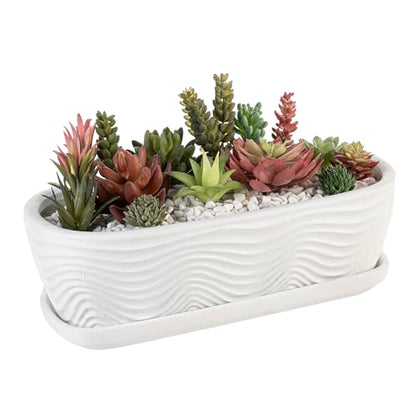 MyGift 13.5 inch Succulent Planter Pot, Oval Modern Ceramic Plant Box Container with Wave Textured Pattern and Removable Saucer Drip Tray (White) - color: White