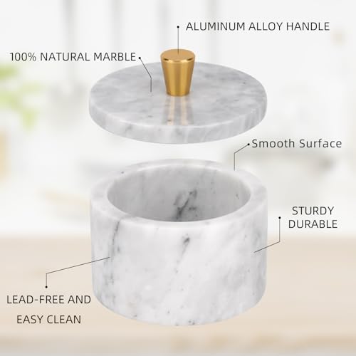 Marble Salt Cellar with Lid, White Grey, 4 inch | Natural Stone, Salt Pepper Box, Gold Alloy Handle, Kitchen Countertop Storage, Multi-Use, Sugar Spice Seasoning Container - color: White Grey