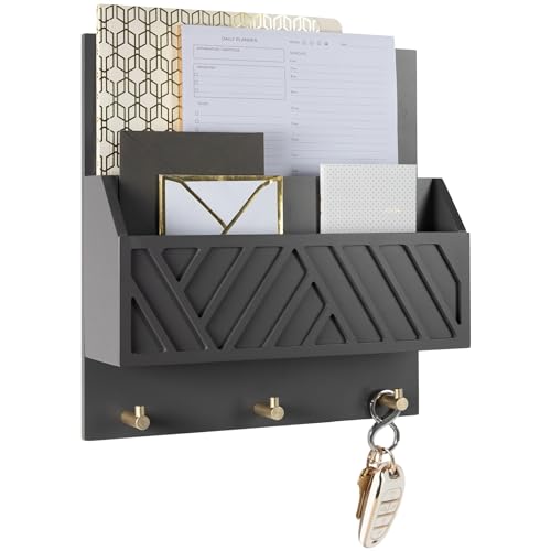 BLU MONACO | Wall-Mounted Mail and Key Holder in Grey Wood | Two-Tier Mail Organizer with Gold Hooks | Entryway Command Center for Home or Office - color: Gray