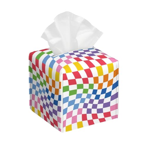 Tissue Box Cover Square,Colorful Wavy Checkerboard Tissue Box Holder Waterproof Leather Facial Paper Case Modern Home Decoration for Bedroom Dresser Night Stand Office Desk - color: Color16