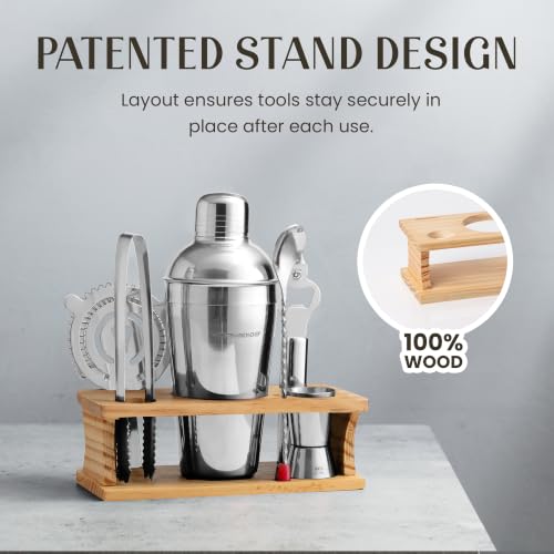 Cocktail Shaker Set - Bartender Kit with Pine Stand | Leak-Proof Design | Includes Martini Shaker, Jigger, Strainer, Spoon, Tongs | Perfect Bar Tools Gift for Home Mixology (Silver) - color: Silver / Light Stand, size: 8 Pieces