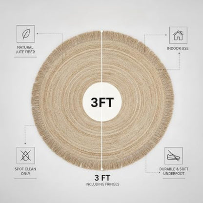 Hand Woven Jute Round Rug, Natural Reversible Boho Area Rug for Entryway, Kitchen, Living Room and Bedroom I Farmhouse Indoor Floor Rug - 3ft, Circular - size: 3' (Round)
