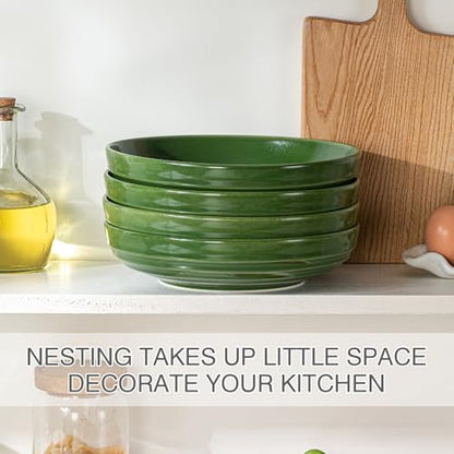 HAPPY KIT Stoneware 9'' Pasta Bowls 42oz Set of 4, Emerald Green - color: EmeraldGreen