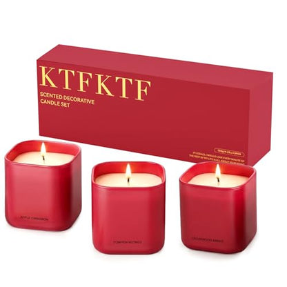 Scented Candle Set, Candle Gift Set, 3 Pack Candles for Home Scented | 4.22 oz Soy Candles, Aromatherapy Gift Set for Women, Monther's Day & Holiday, Scents of Apple Cinnamon/Pumpkin/Cedarwood - color: Red Candles Set